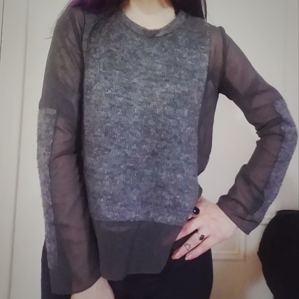 Gray sheer mesh sweater panel top